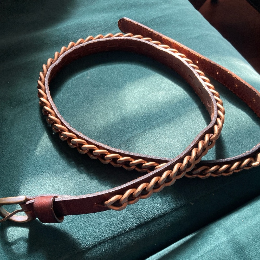 Vintage Skinny Brown Leather Belt with Bronze-Gold Chain Detail-39” long